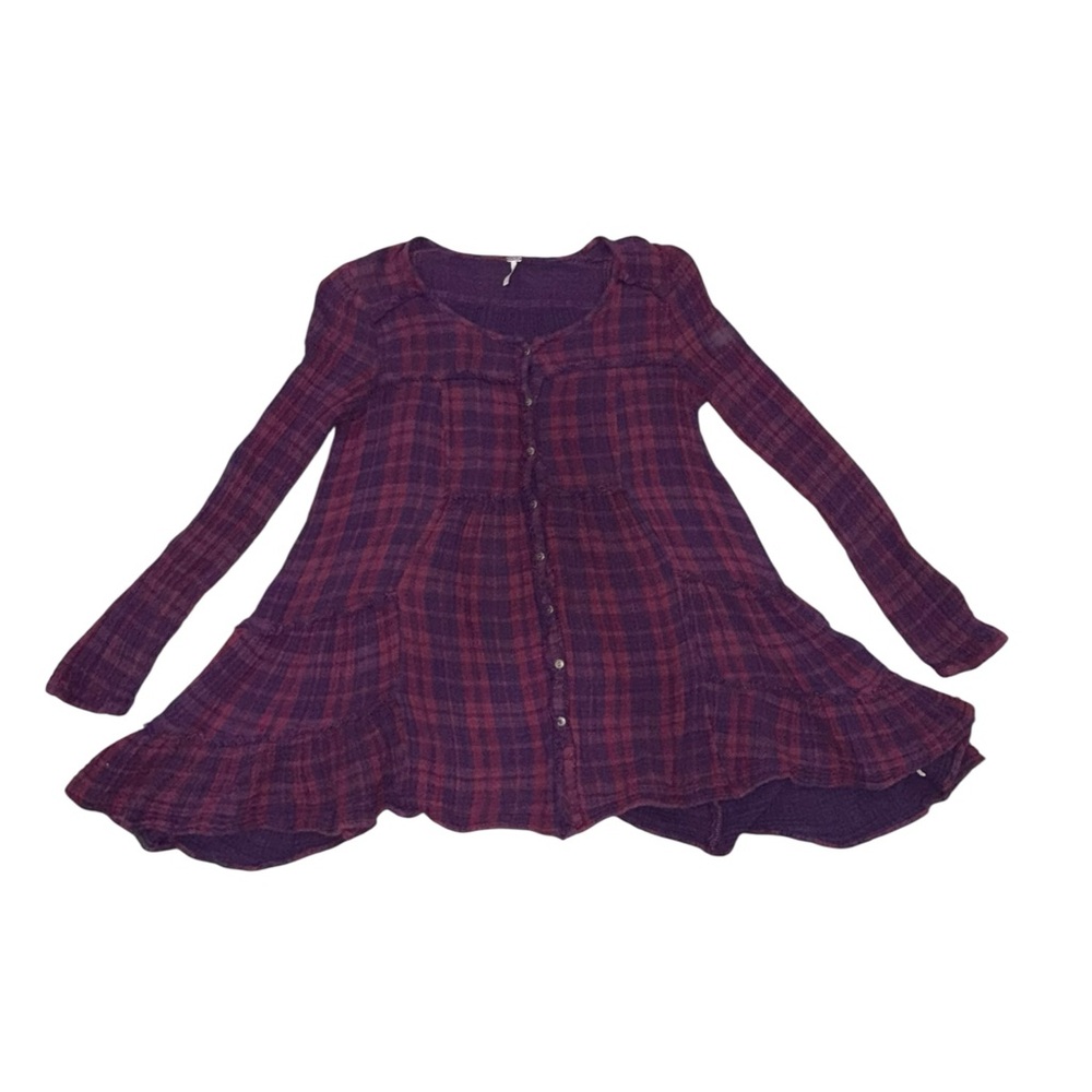 Free People Cotton Preppy Plaid Shirt Ruffle Hem Oversized Boho Button Down S